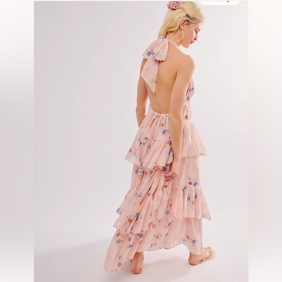 New Free People Stop Time Floral Pink Maxi Tiered Fairy Boho Halter Dress XL - Picture 2 of 14